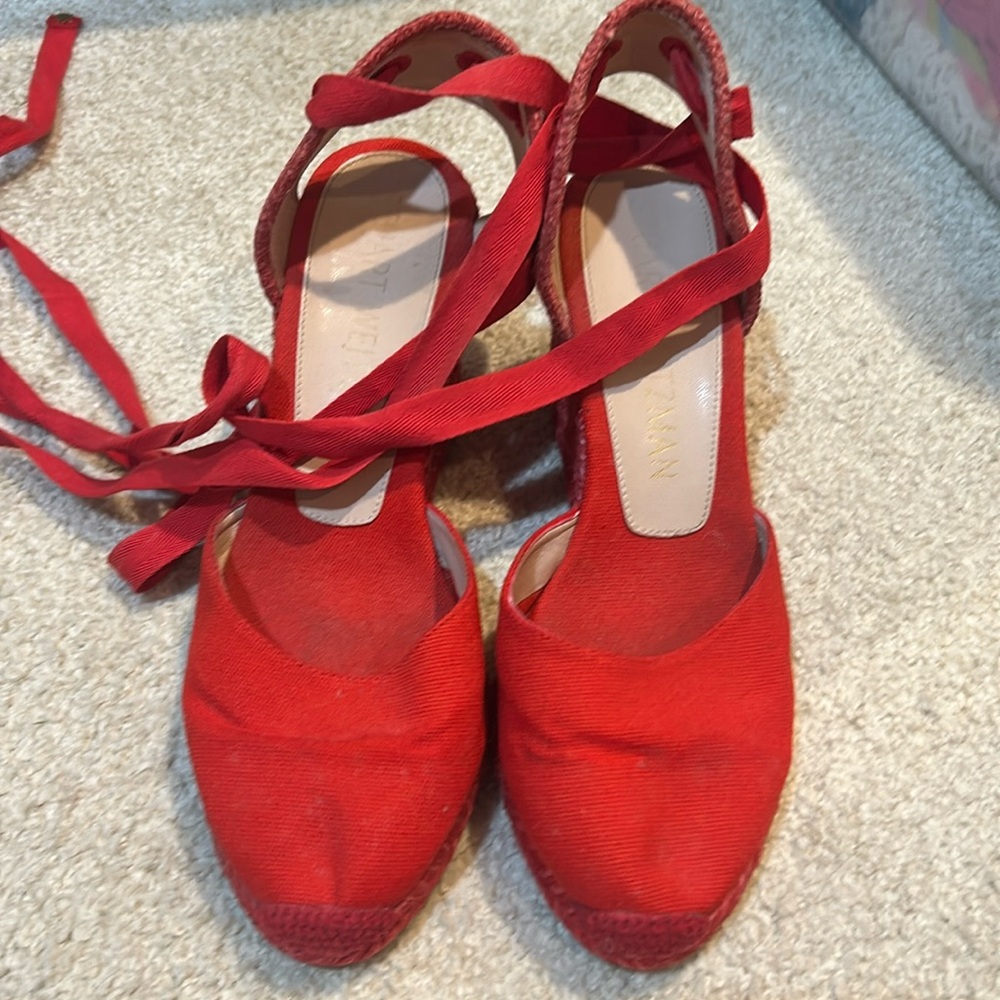 Stuart Weitzman Marguerita canvas wedge red sandals - Picture 3 of 12
